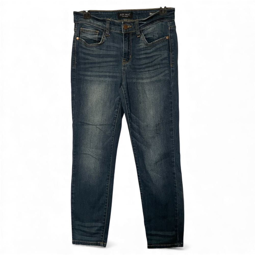 Judy Blue Jeans Women 7/28 Blue Relaxed Fit Tapered Mid Rise Med Wash Stretch
